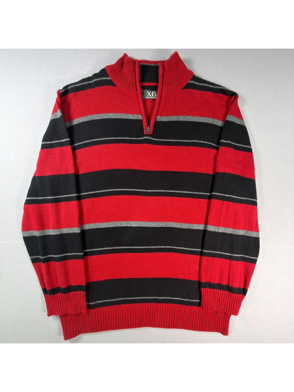 XG 1/4 Zip Pullover Sweater Red Black Gray Stripe Mock Neck Youth Large (14-16)